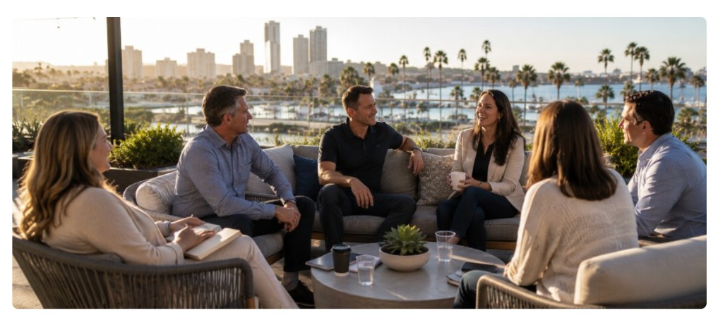 Esteemed leaders in conversation on a San Diego rooftop overlooking the bay
